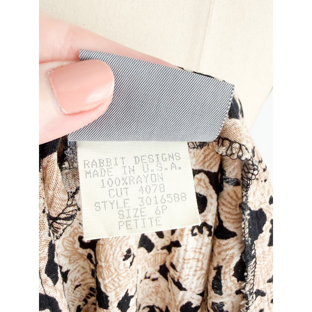 Rabbit Rabbit Designs Vintage Floral Midi Dress Tan Black Rayon Sleeveless USA - Picture 8 of 8